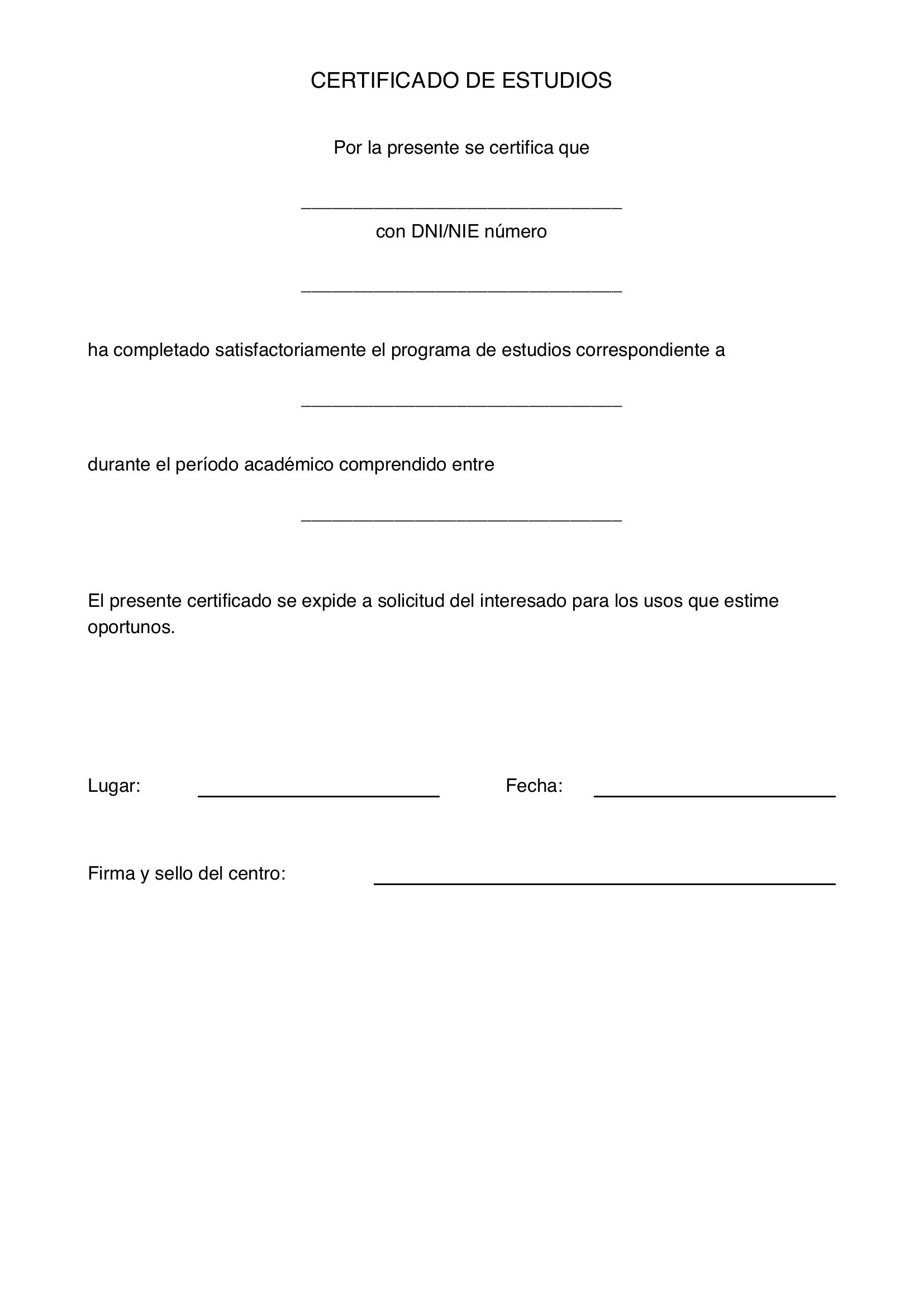 Modelo De Certificado De Estudios
