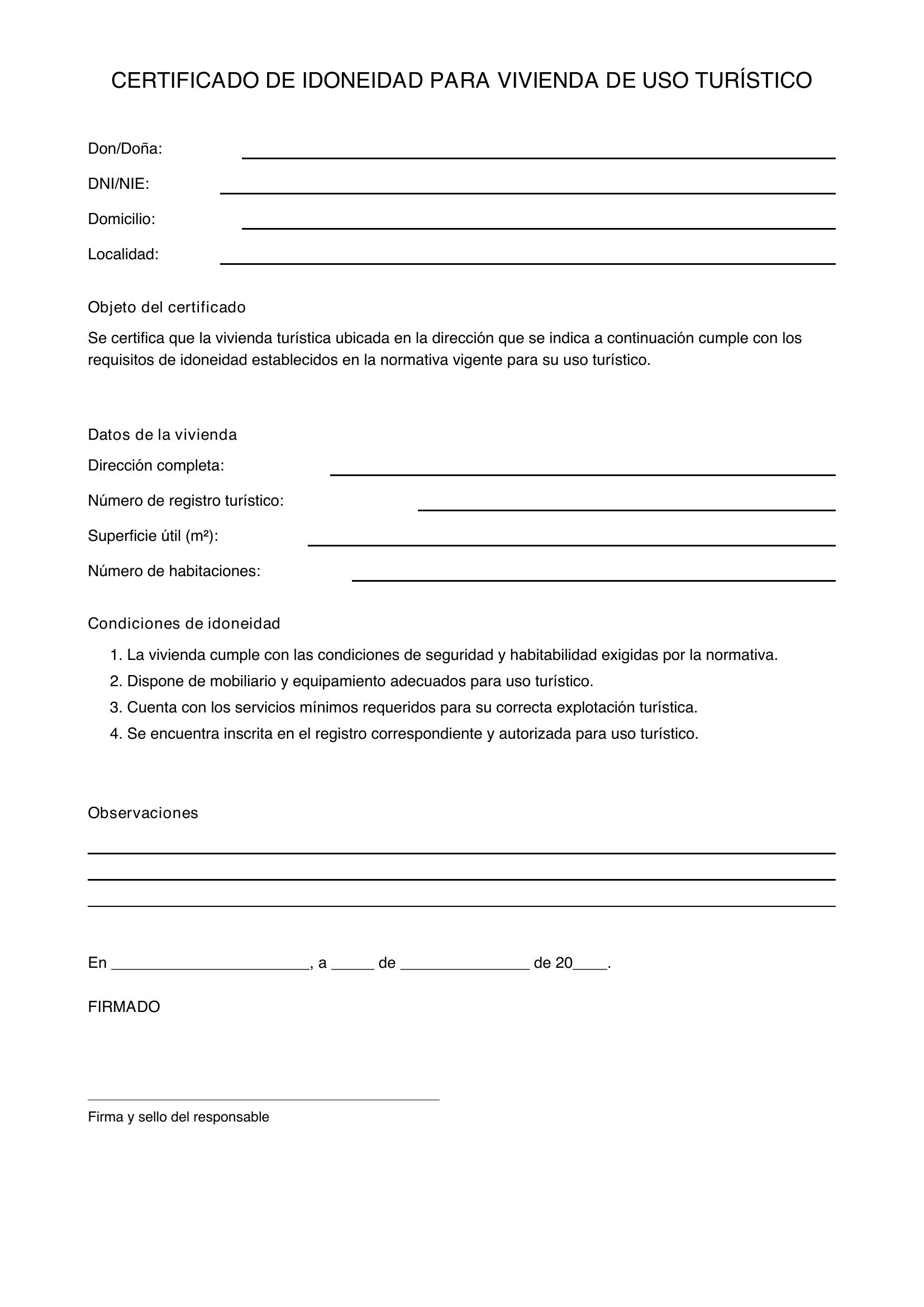 Modelo Certificado De Idoneidad Para Vivienda De Uso Turístico