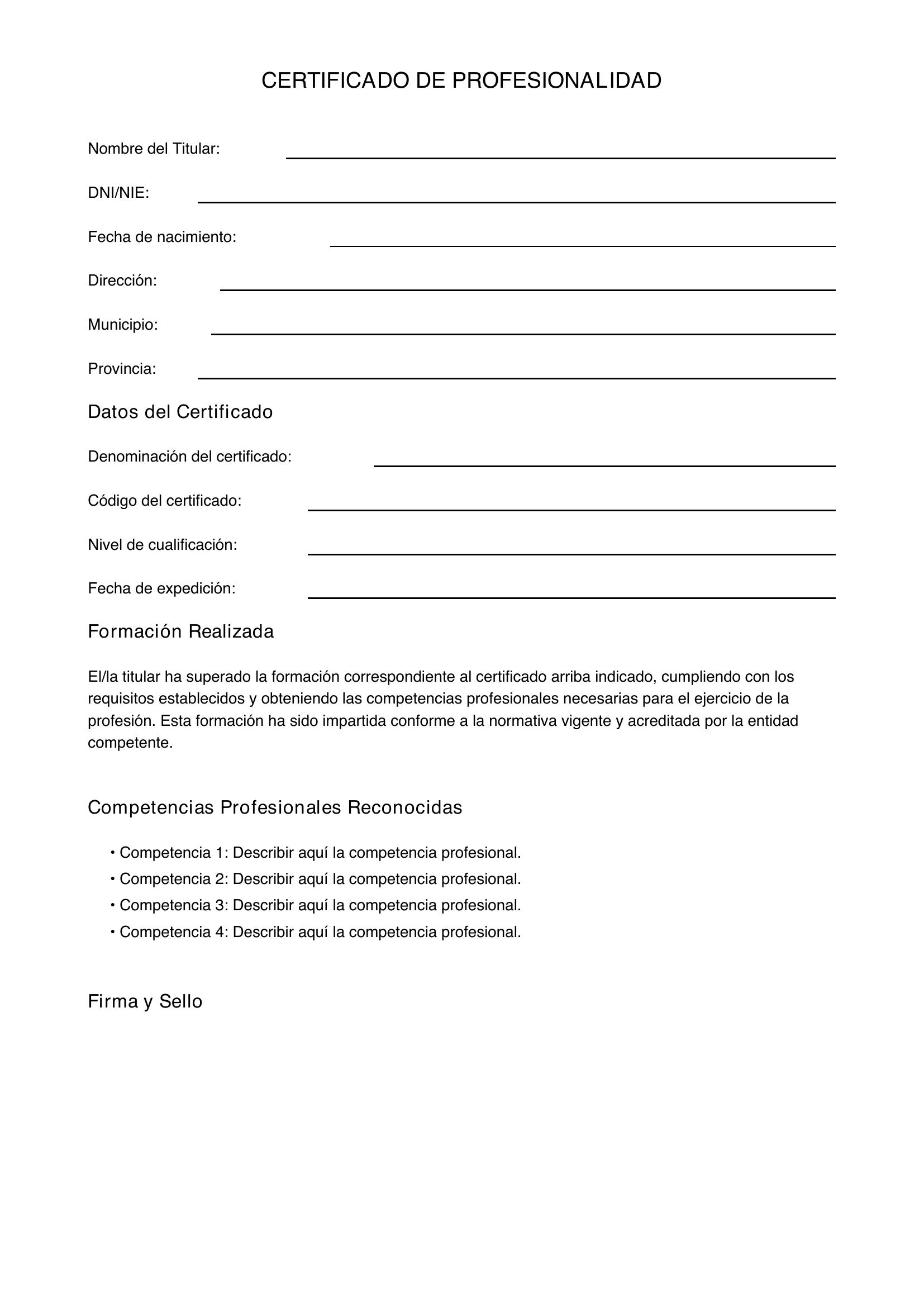 Modelo Certificado De Profesionalidad