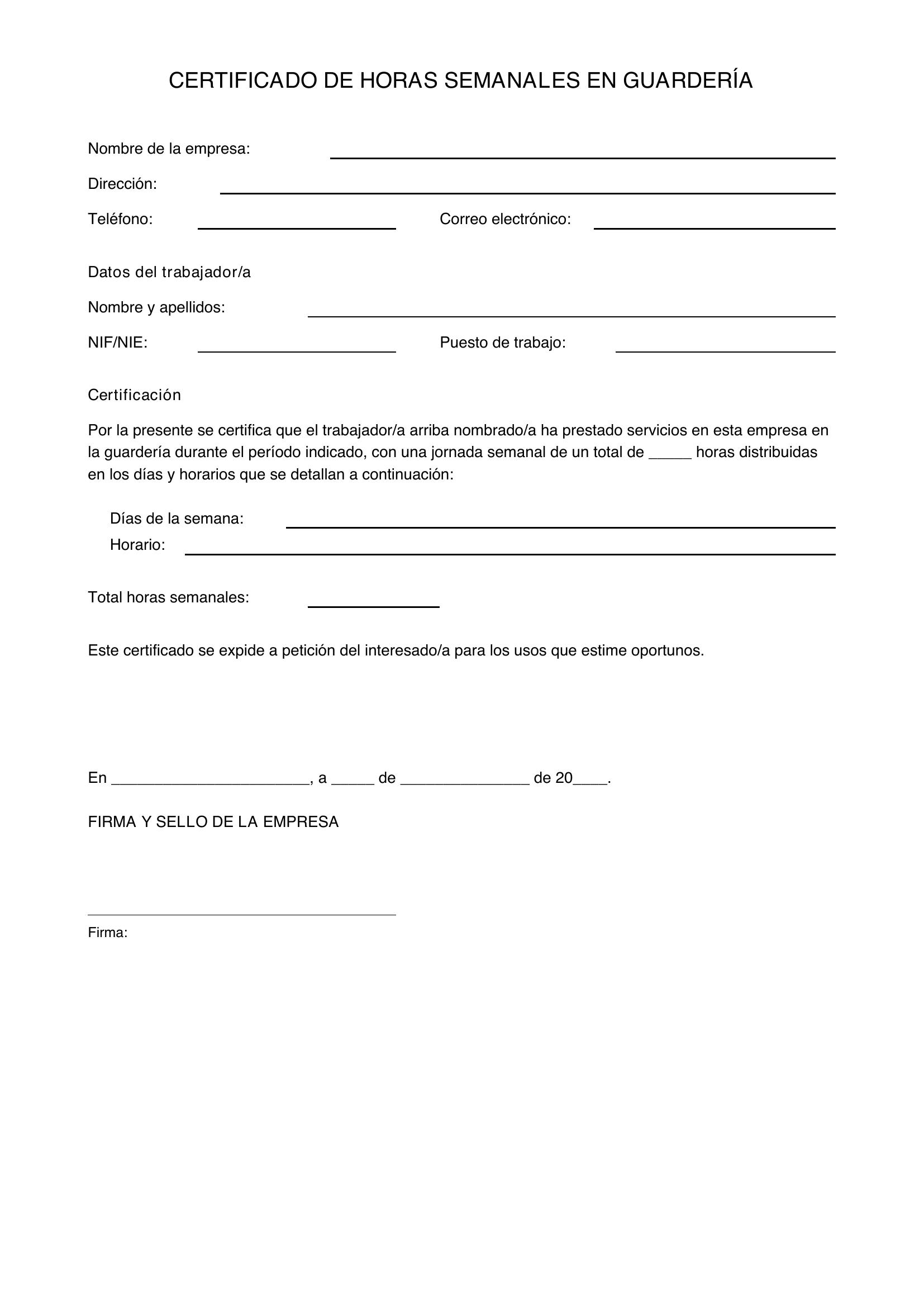 Certificado Empresa Horas Semanales Guarderia