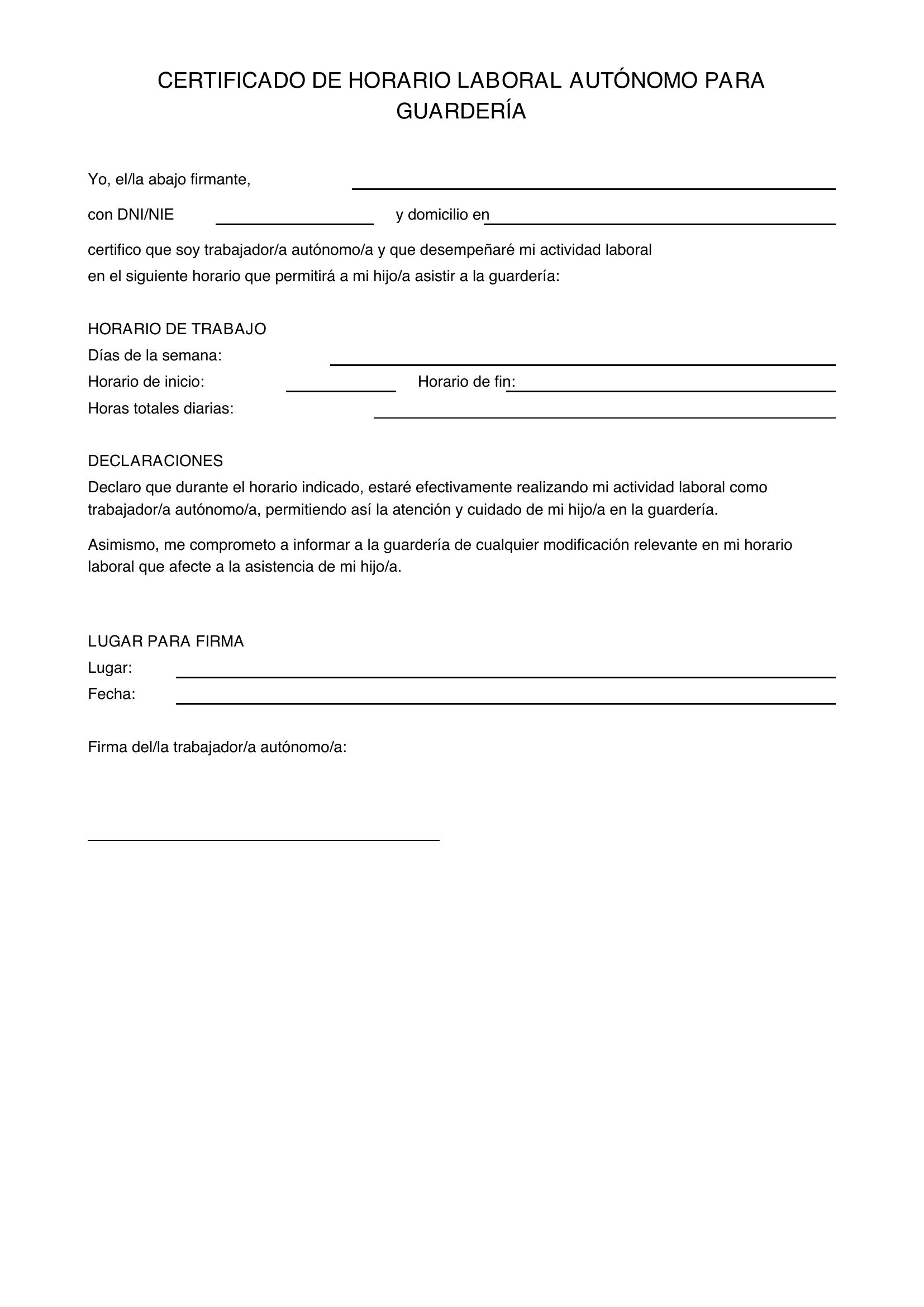 Modelo Certificado Horario Laboral Autónomo Para Guardería