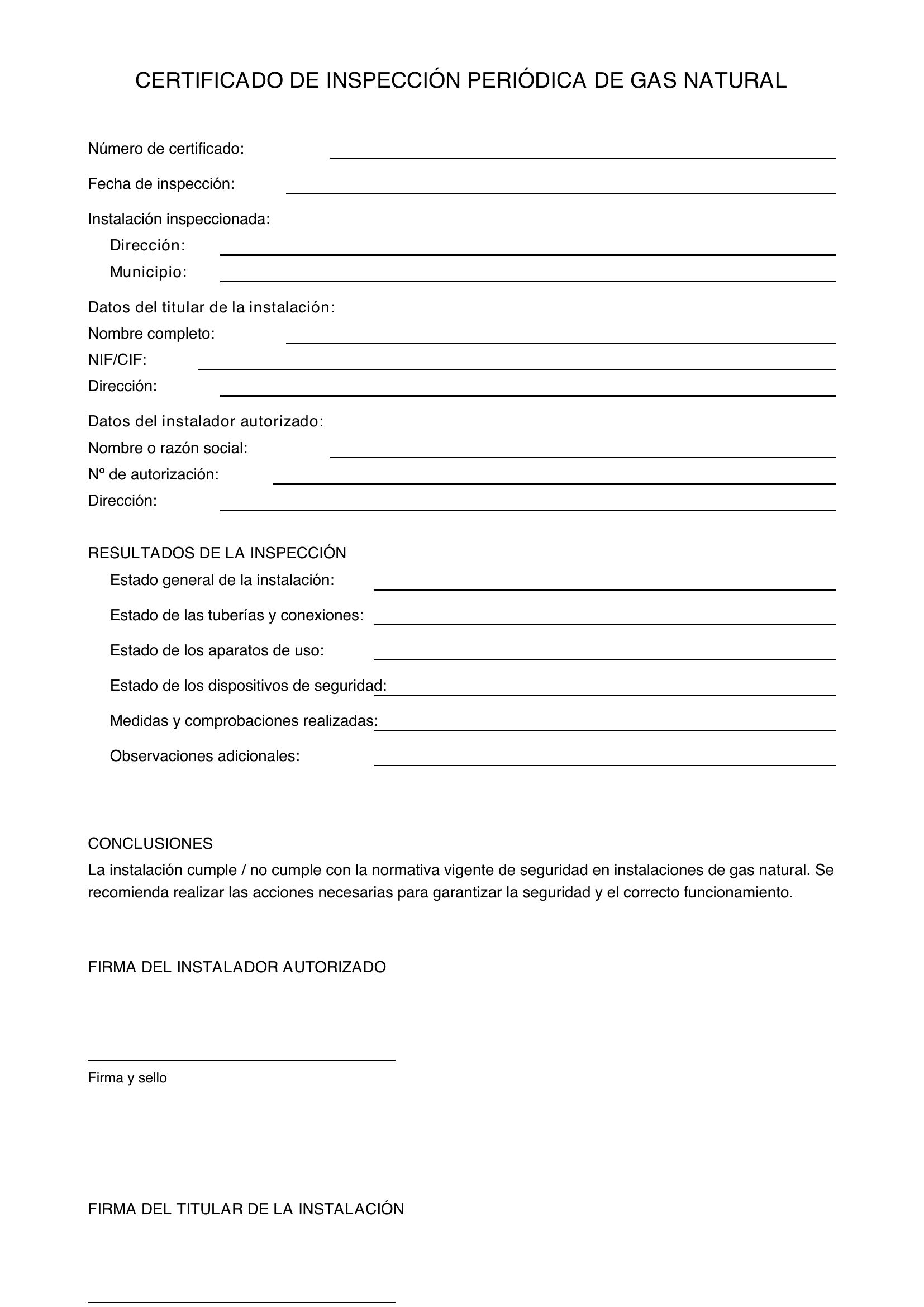 Certificado Inspección Periódica Gas Natural
