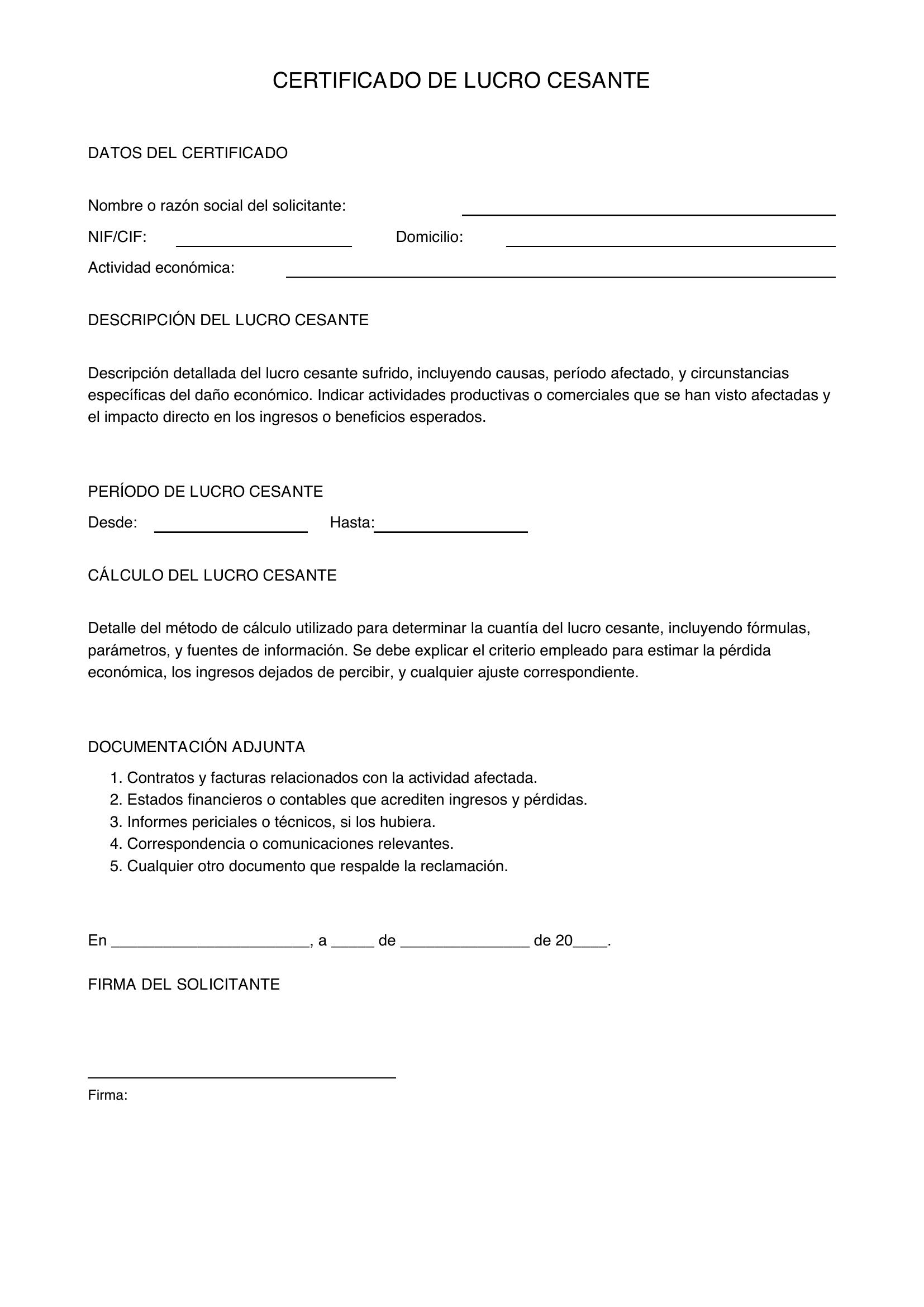 Modelo Certificado Lucro Cesante
