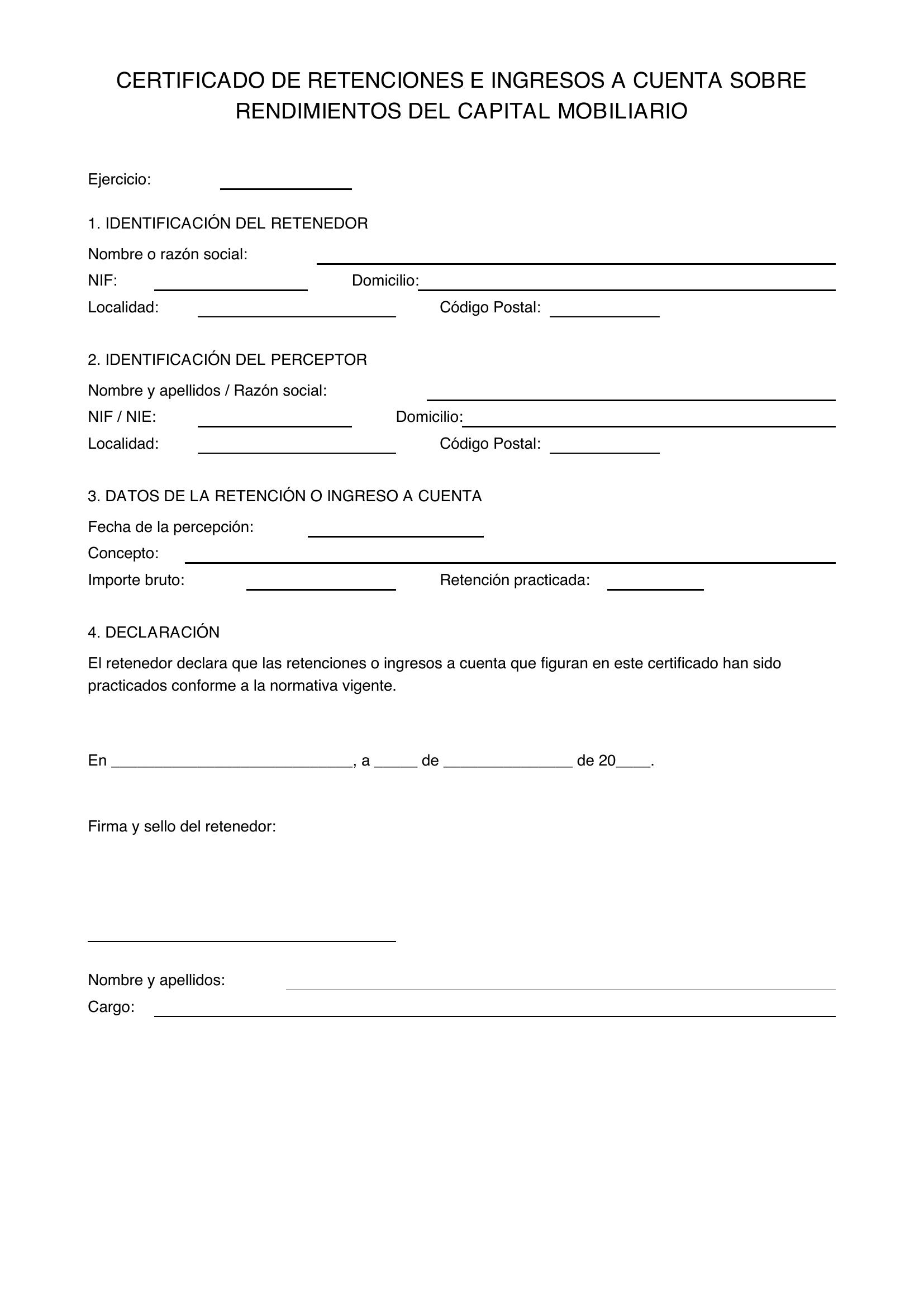 Modelo Certificado Retenciones Capital Mobiliario